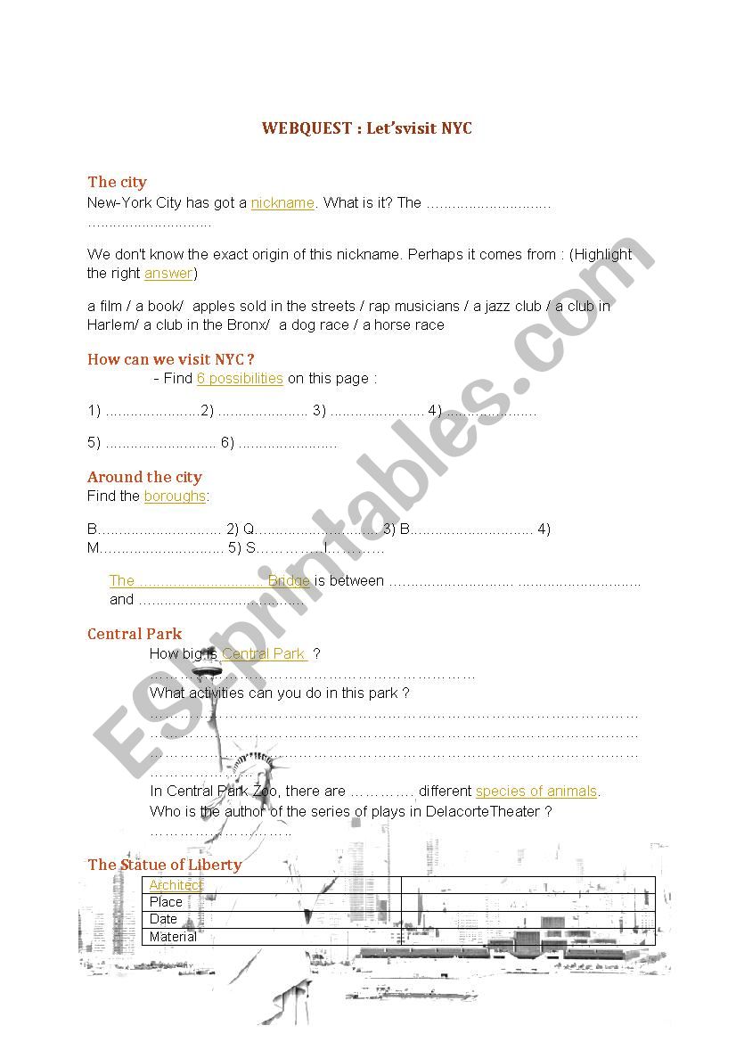 Webquest NYC worksheet