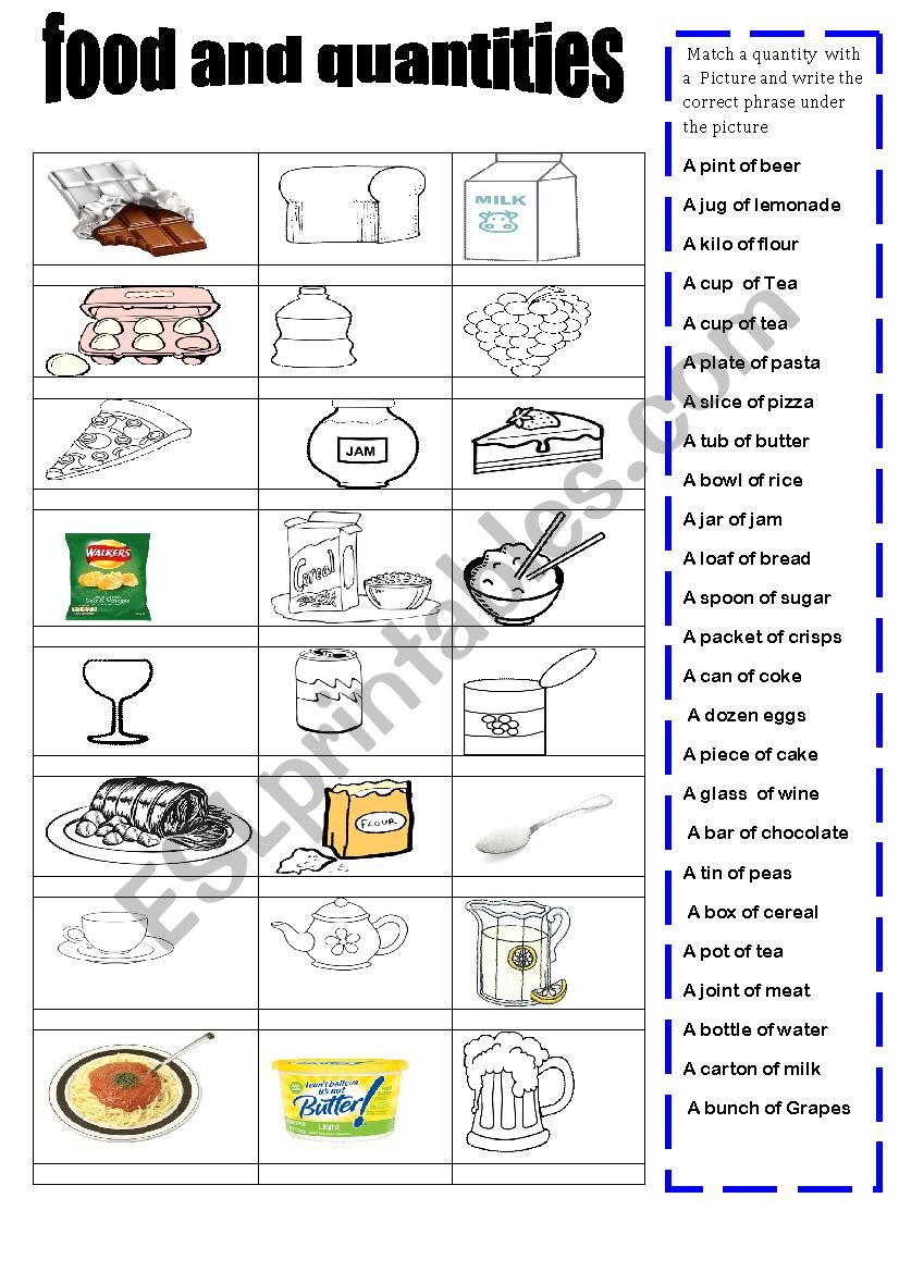  food abd quantities  worksheet