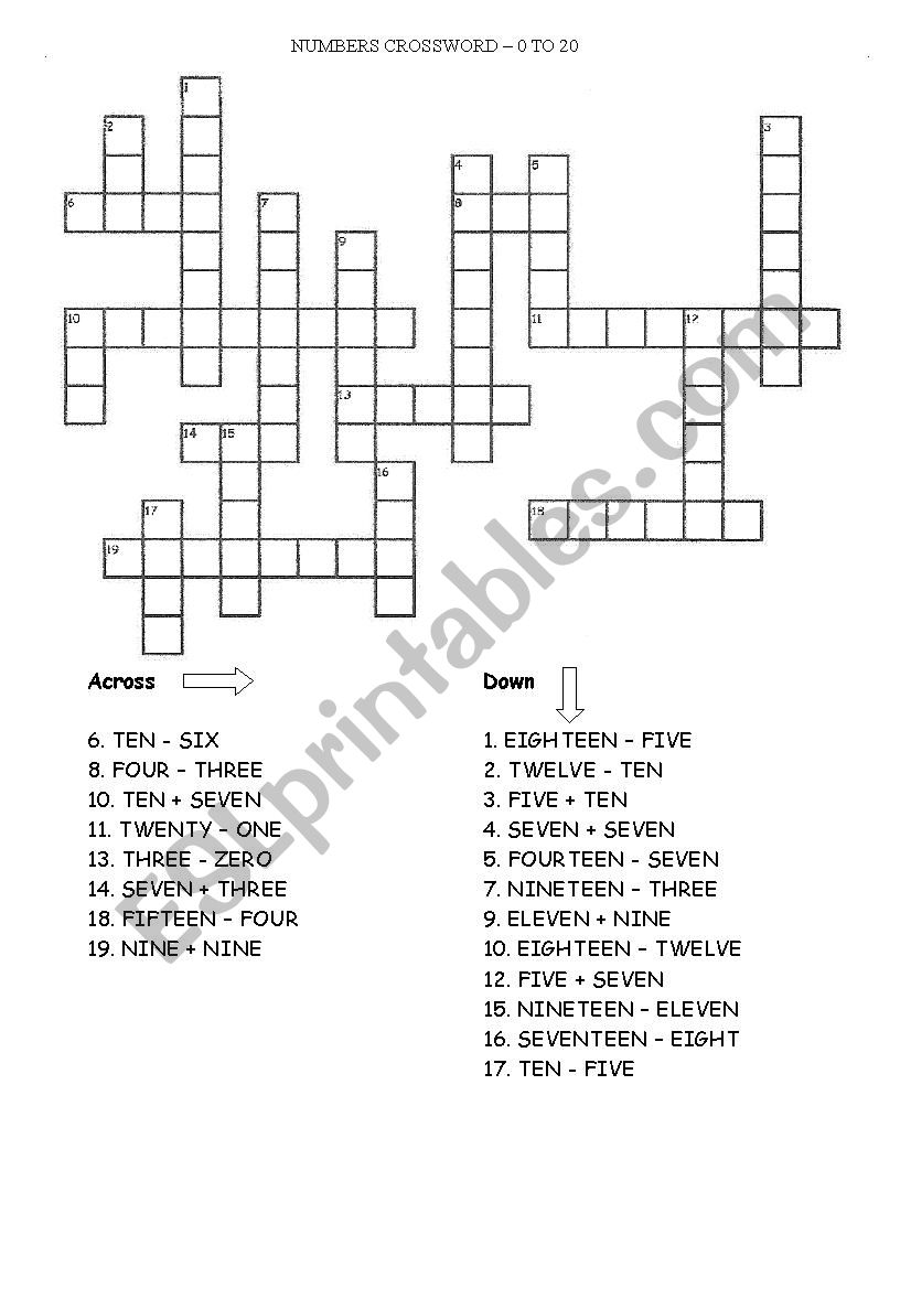 Numbers crossword 0 to 20 worksheet