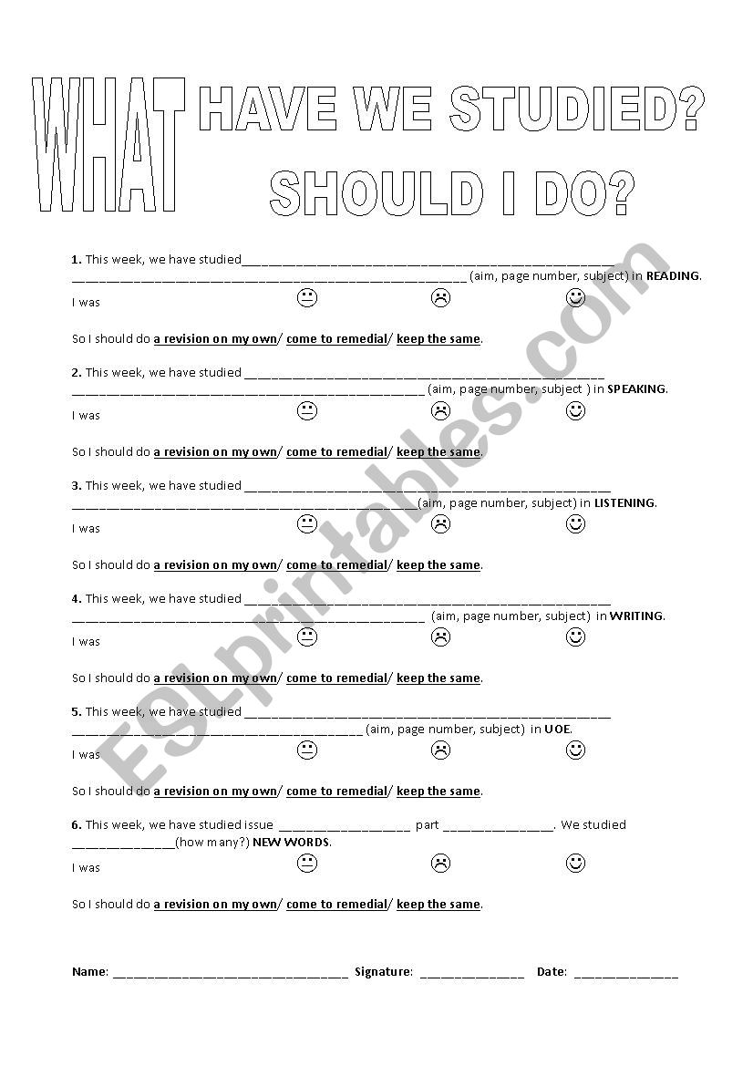 Self-evaluation sheet for students