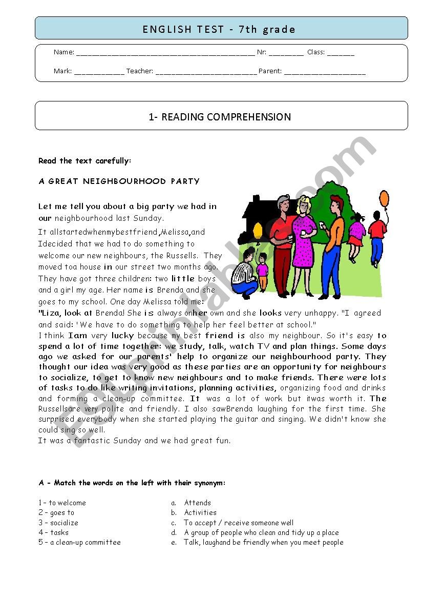 7th grade TEST - A Neighbourhood party