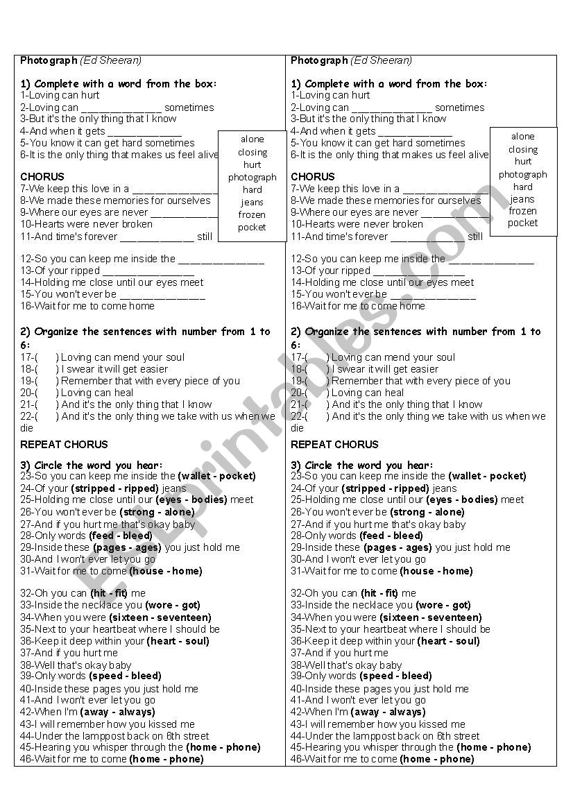 Photograph-Ed Sheeran worksheet