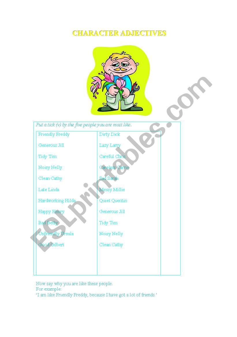 Character adjectives worksheet