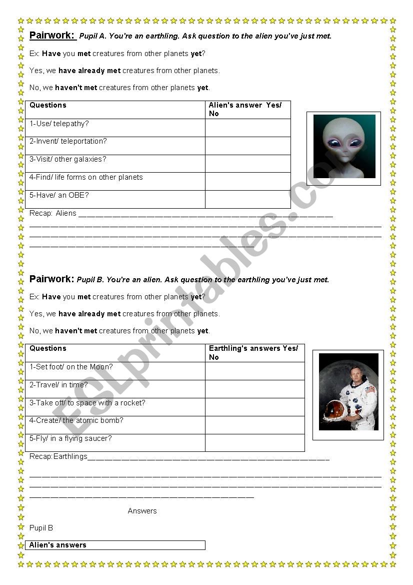 Meet Aliens pairwork worksheet