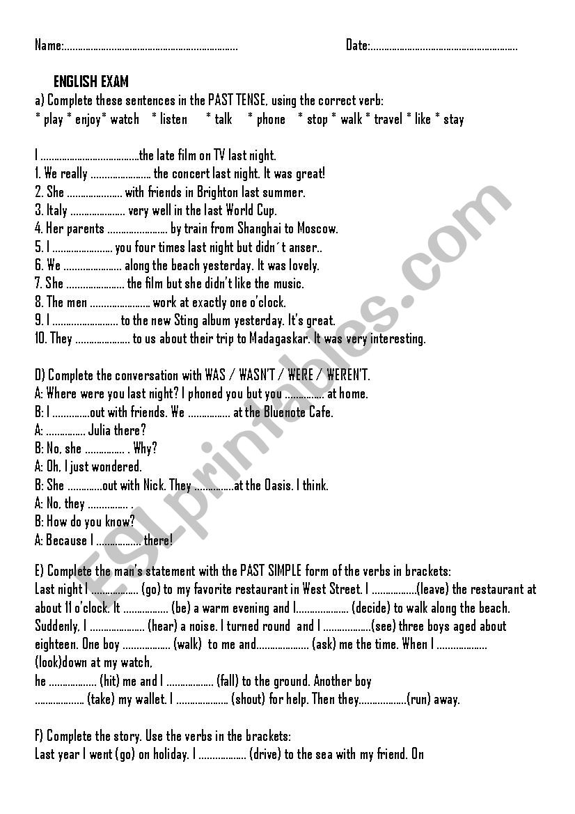 Past tense exam worksheet