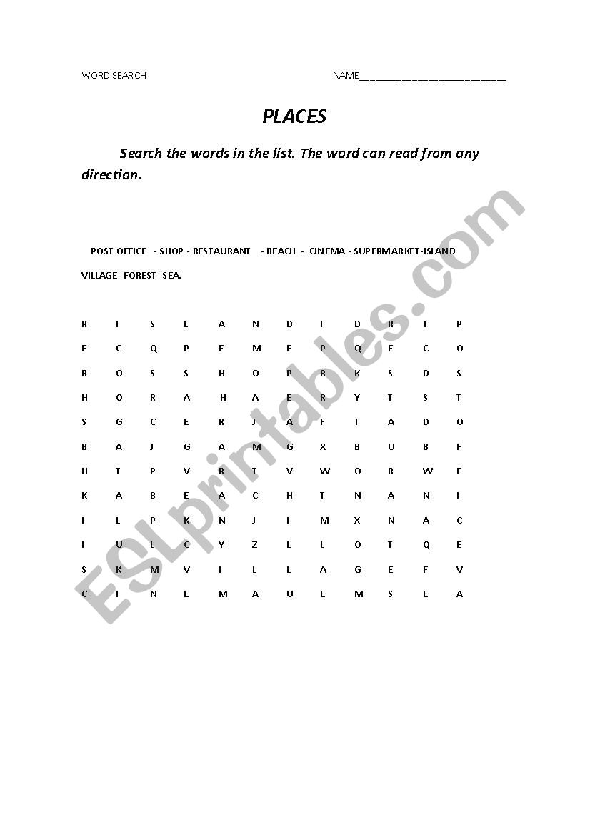 Word search PLACES worksheet