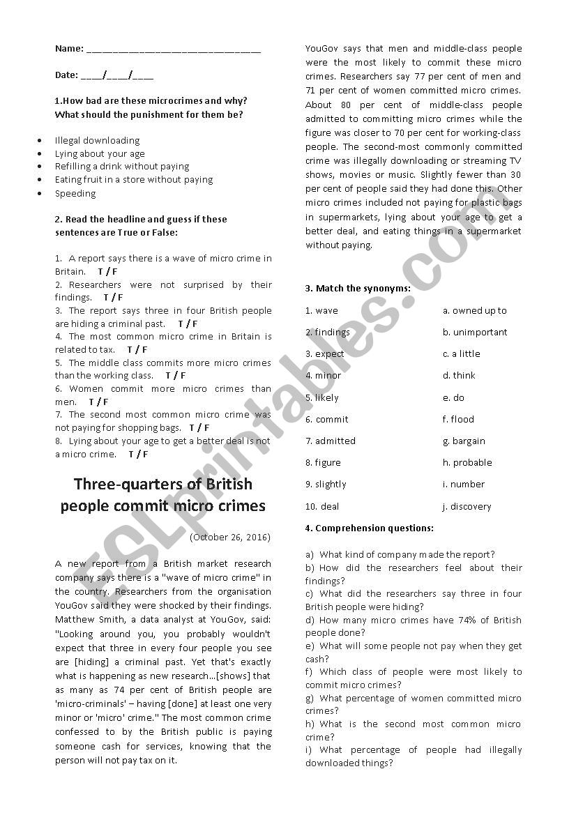 Reading activity - microcrime worksheet