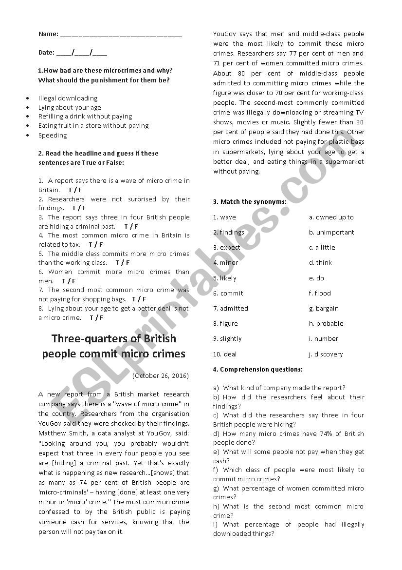 Reading activity - microcrime worksheet