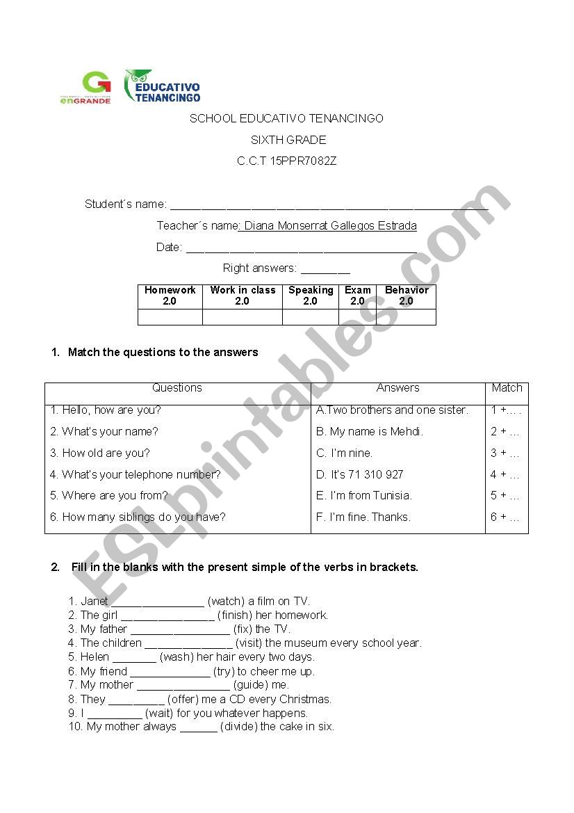 Exam worksheet