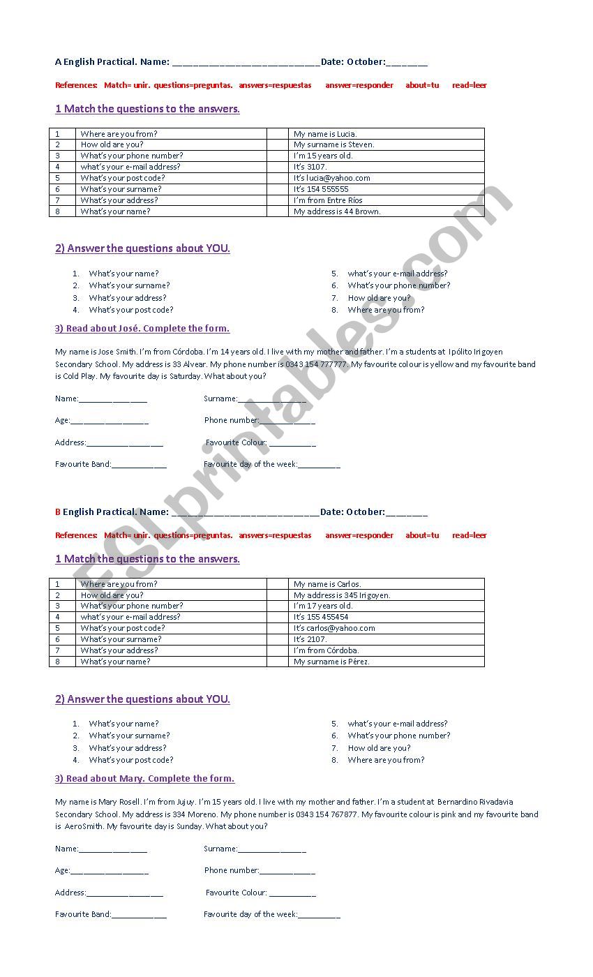 Personal Information Practice worksheet