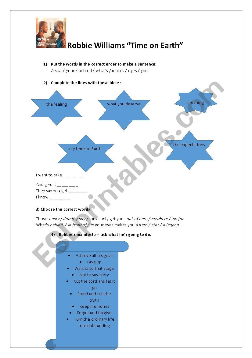 Time on Earth Robbie Williams worksheet