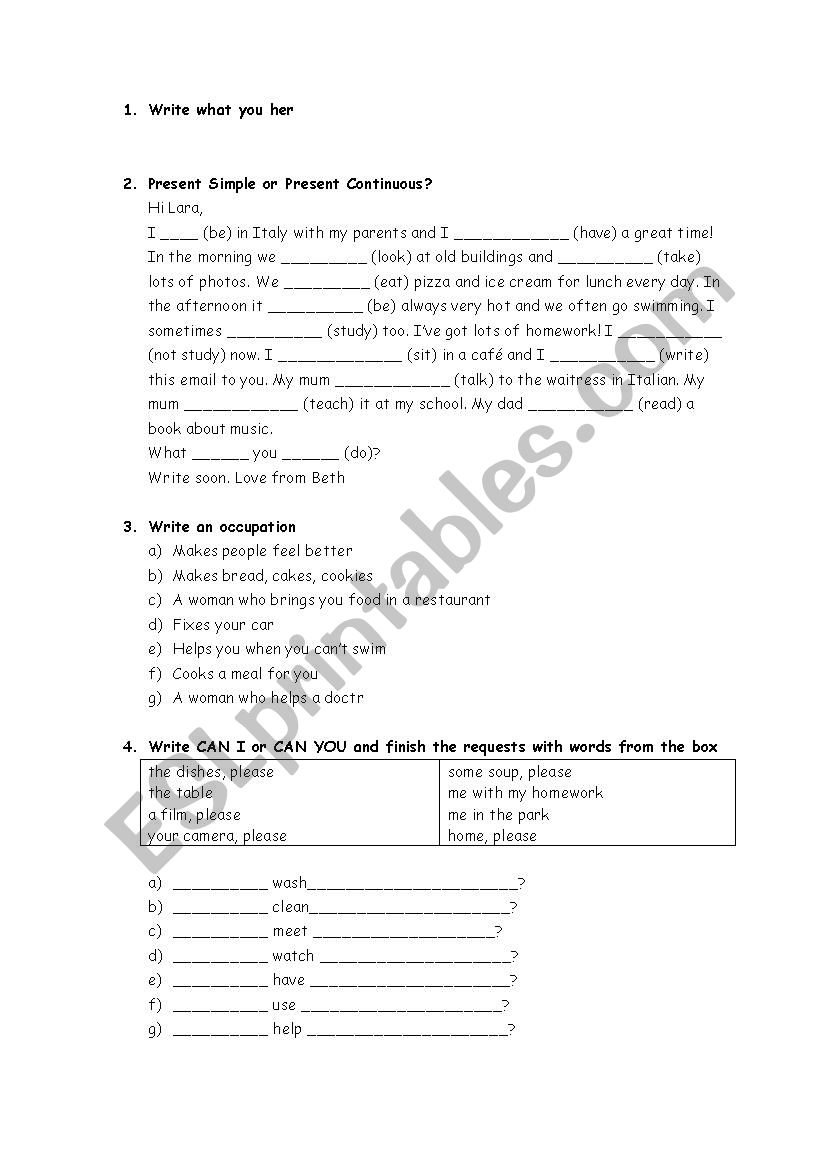 Directions, places and jobs worksheet