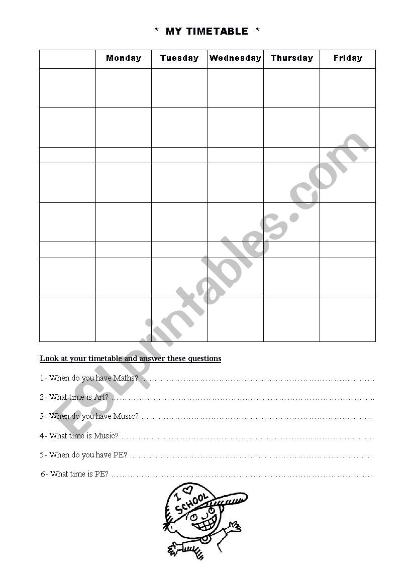 MY SCHOOL TIMETABLE worksheet