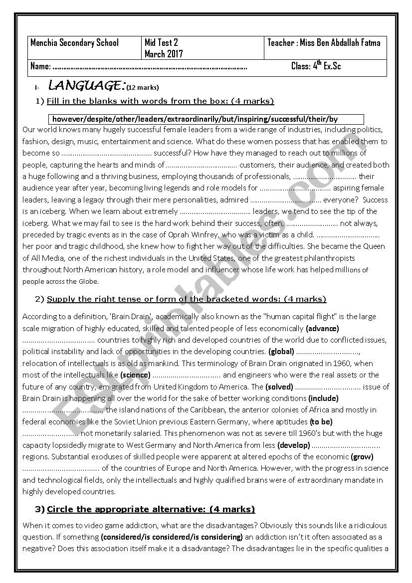 mid test 2 for 4th formers worksheet