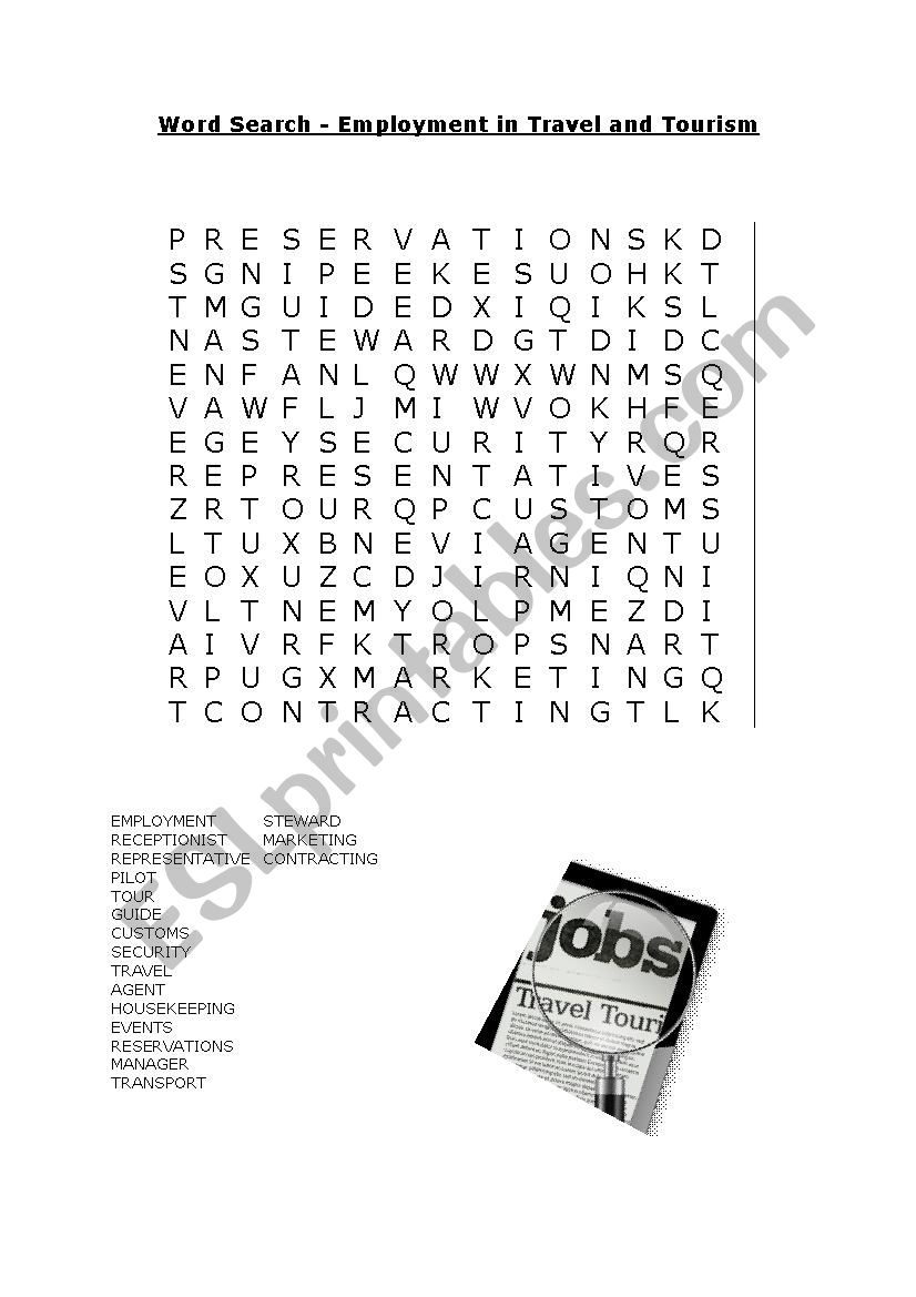 Employment in Travel and Tourism Wordsearch