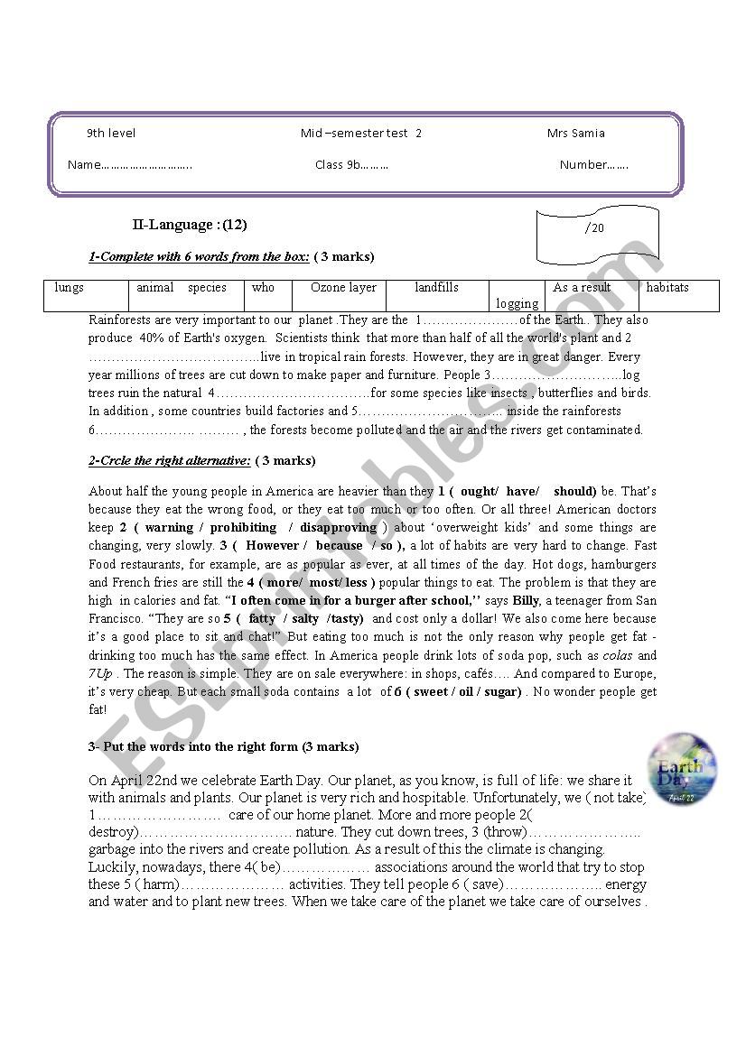 Mid -Semester Test 1 worksheet