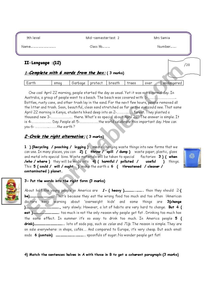 Mid-Semester 2 Test 1 worksheet