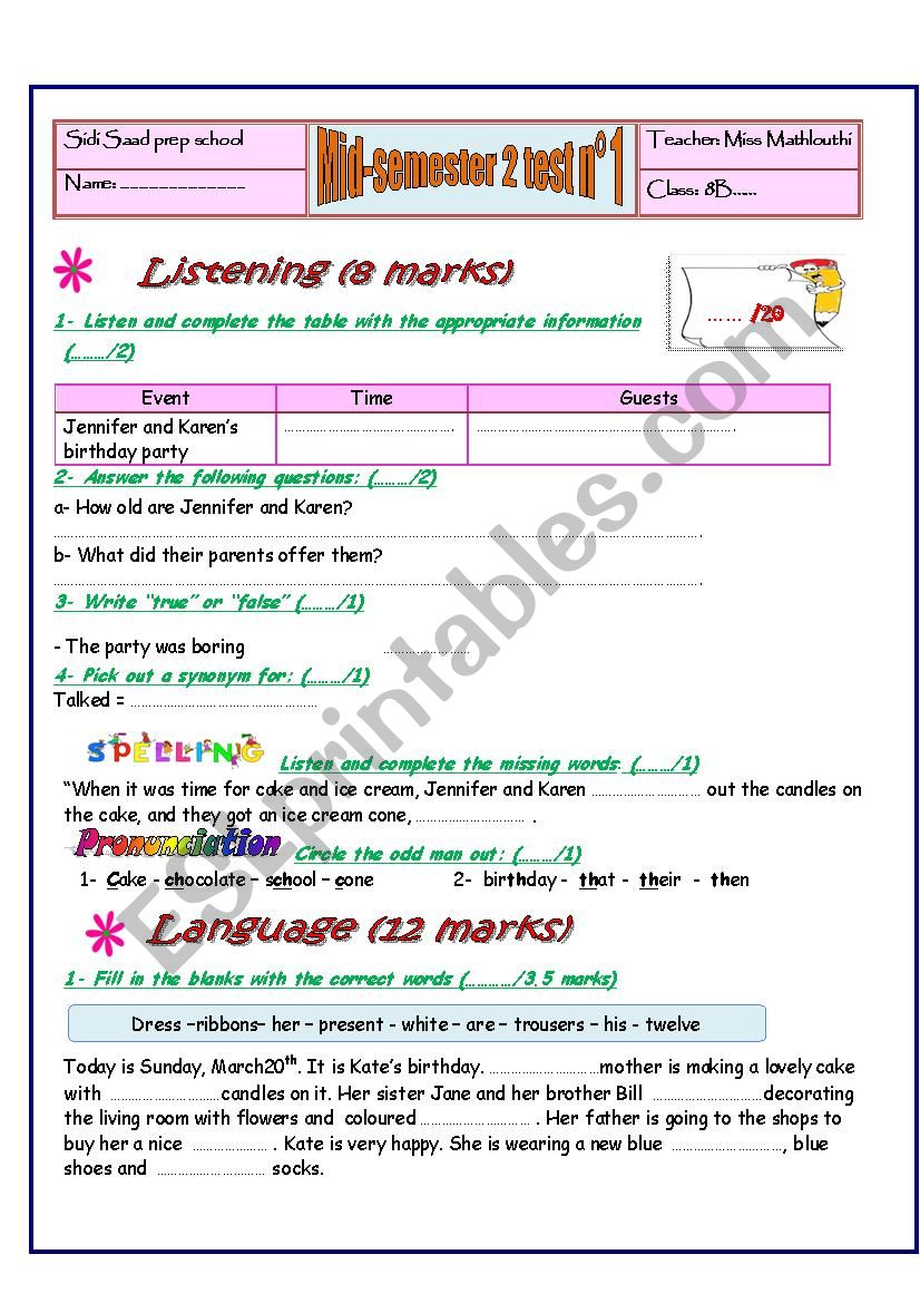 mid semester 2 test n1 8th form