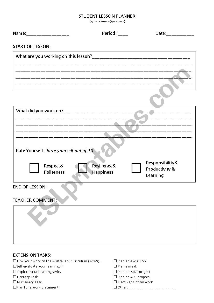 STUDENT LESSON PLANNER worksheet