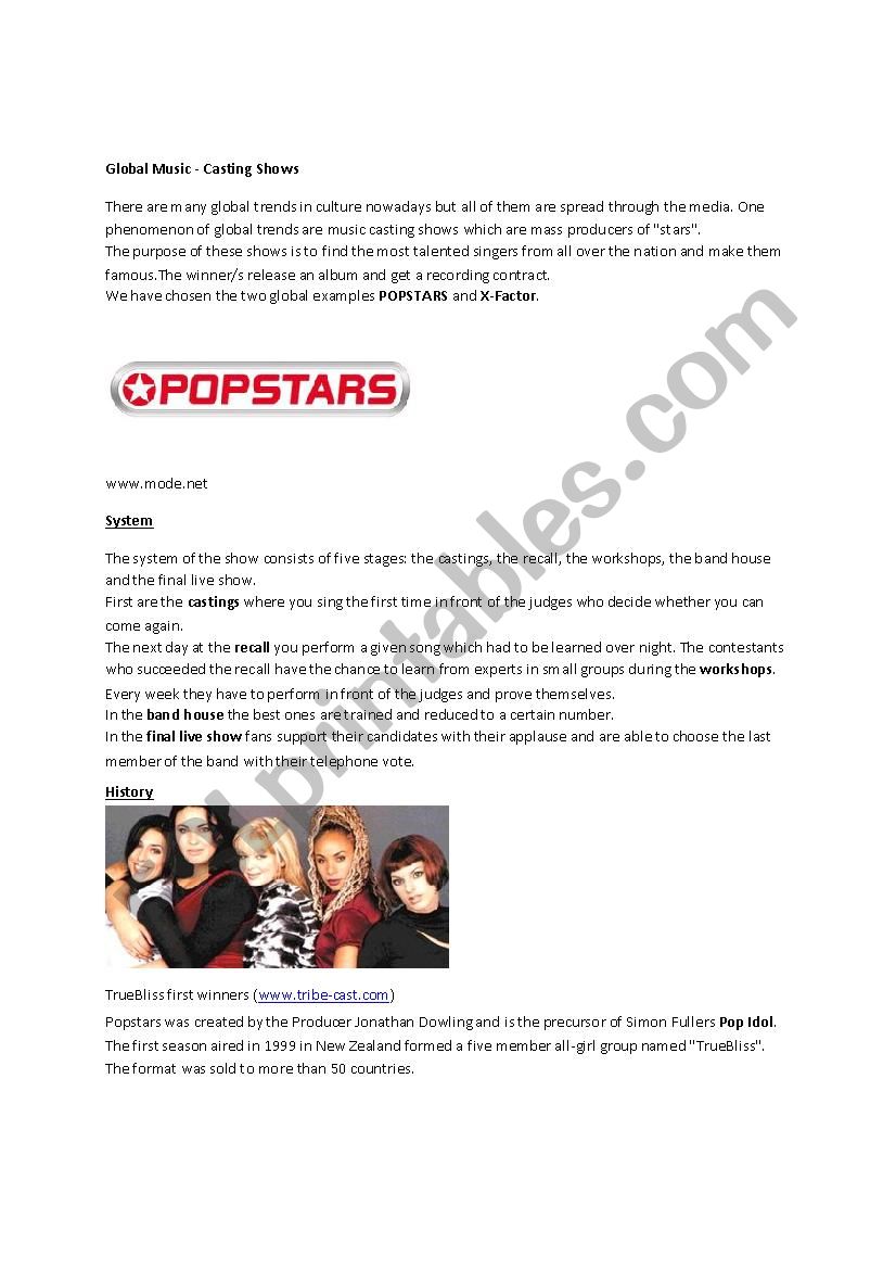 Pop Culture Music Sheet  worksheet