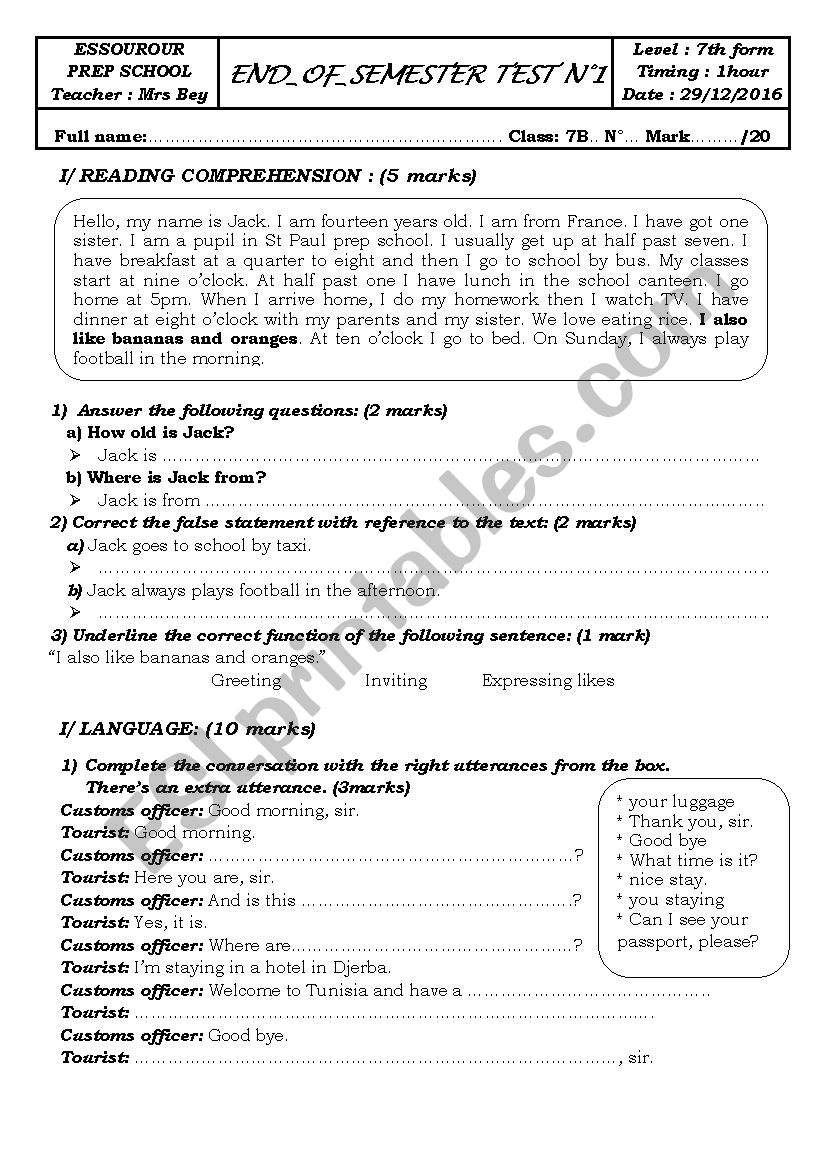  TEST N1 7th form (TUNISIAN SCHOOLS)