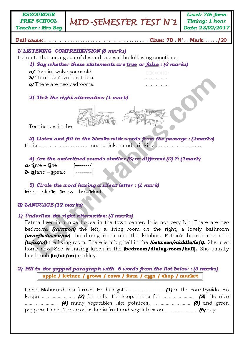 test 7th form (Tunisian schools)