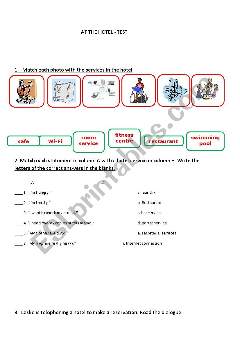 At the Hotel - test worksheet
