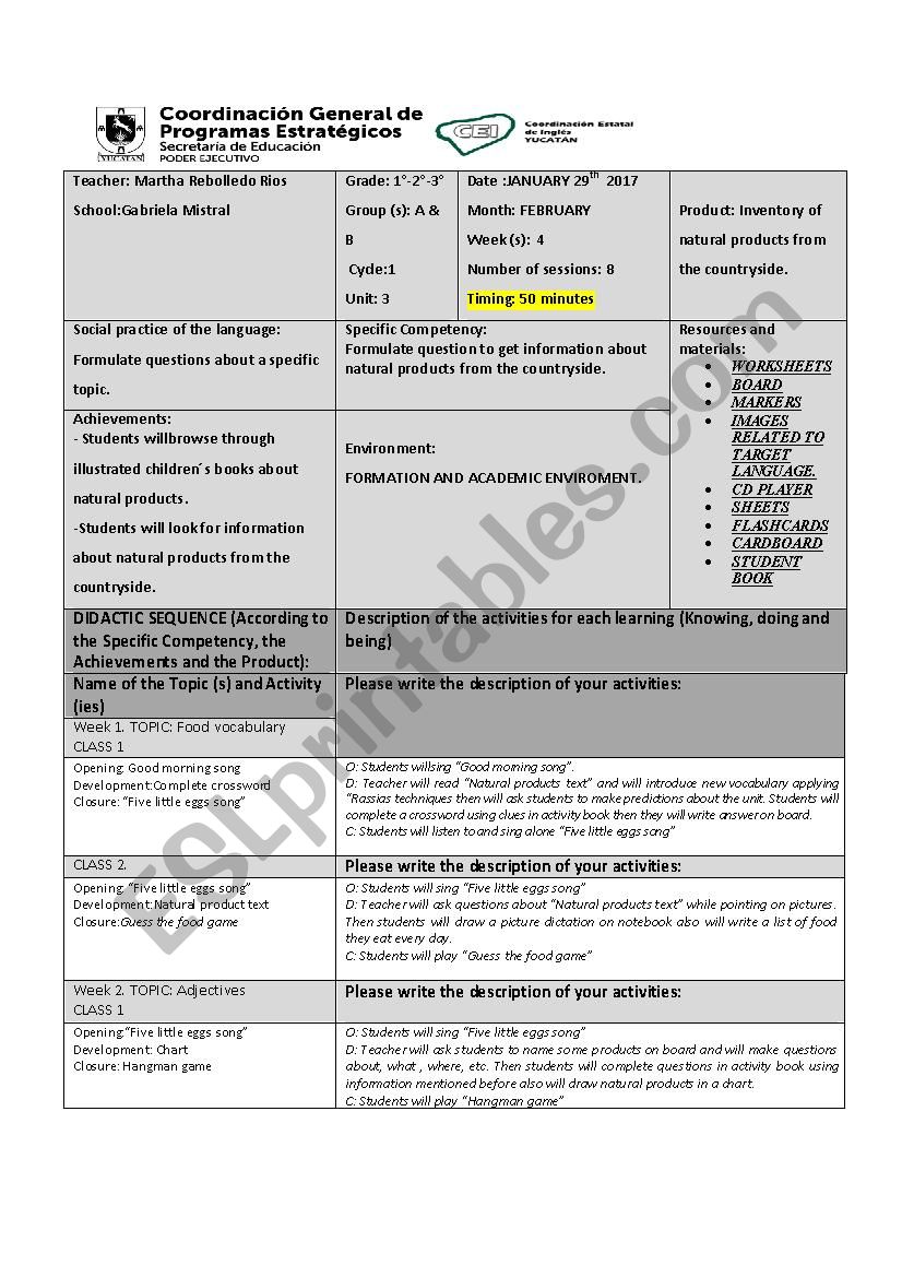 Monthly Plan worksheet