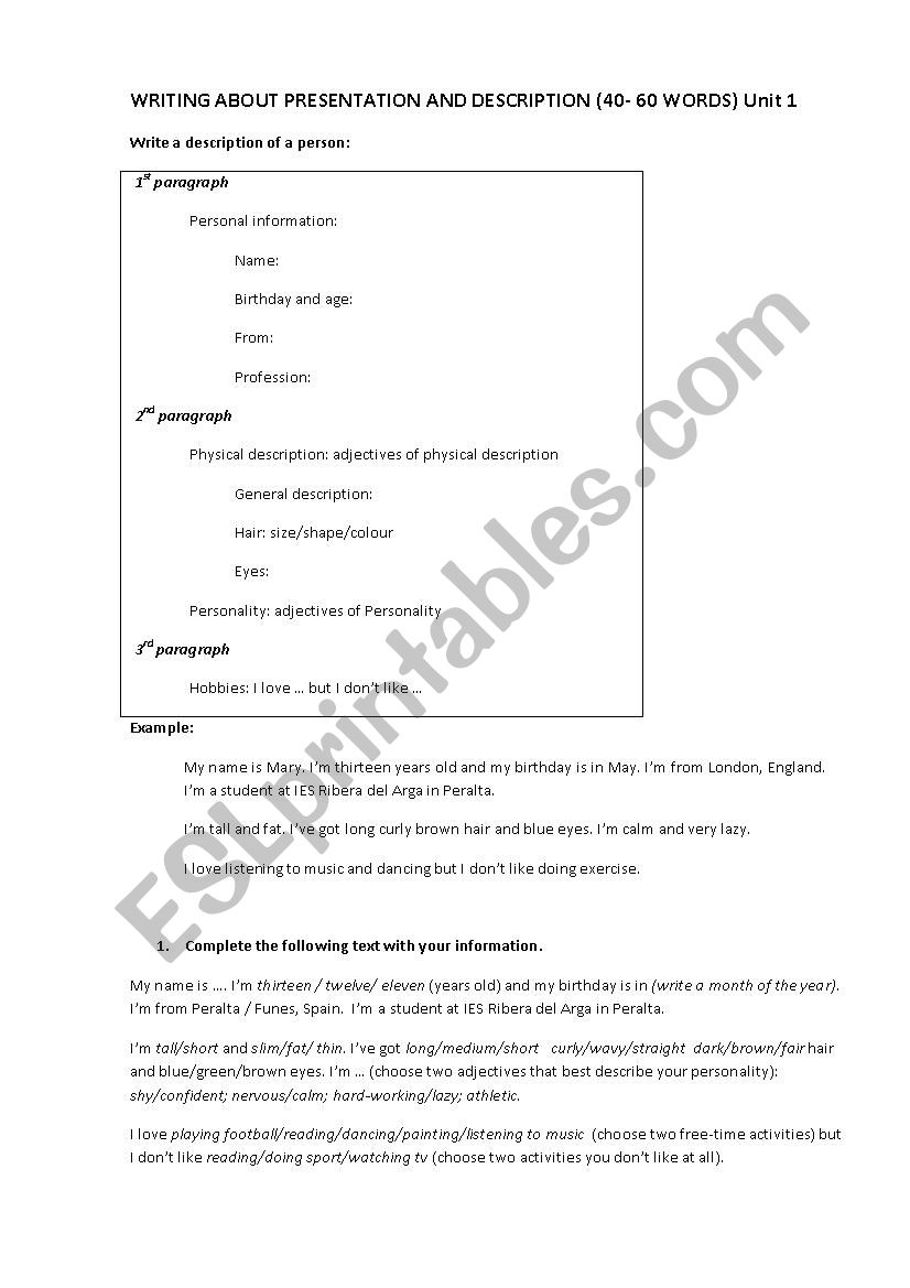 Presentation and description worksheet