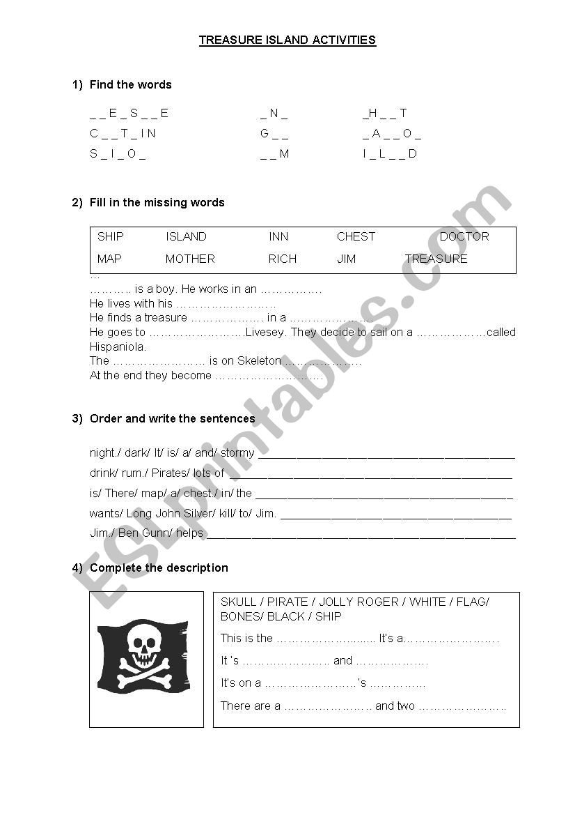 Treasure Island activities worksheet