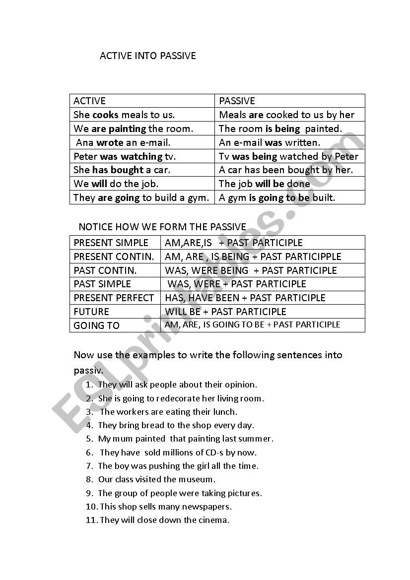 active into passive worksheet