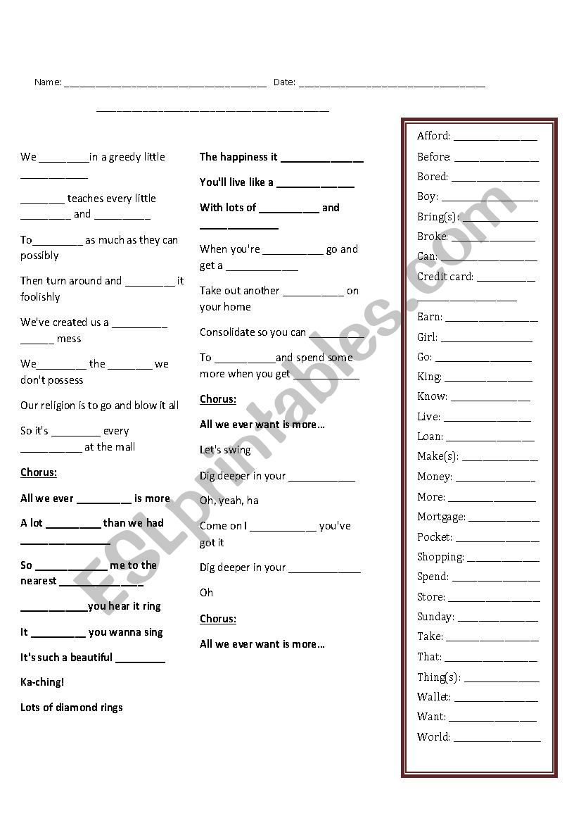 Ka Ching - Shania Twain  worksheet