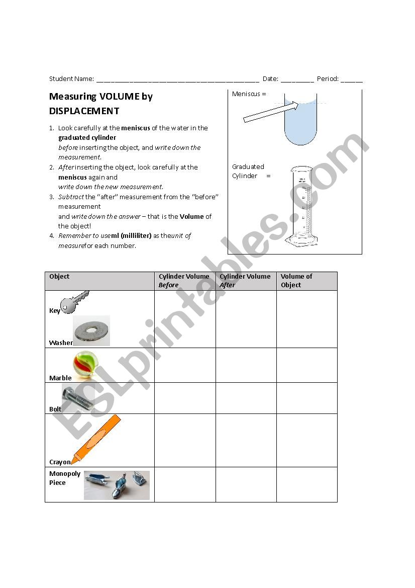 Measuring Volume By Displacement - ESL worksheet by huntwa With Regard To Volume By Water Displacement Worksheet