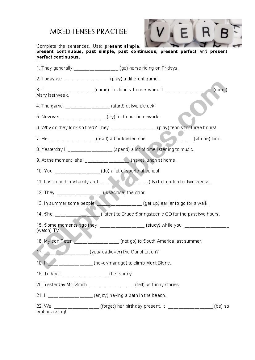 Verb Tenses Resion worksheet