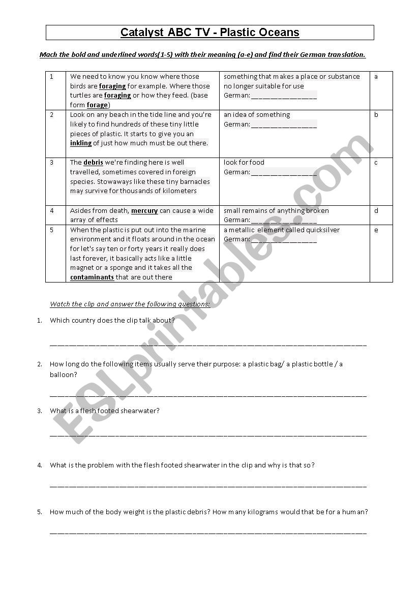 Short video: Plastic Ocean  worksheet