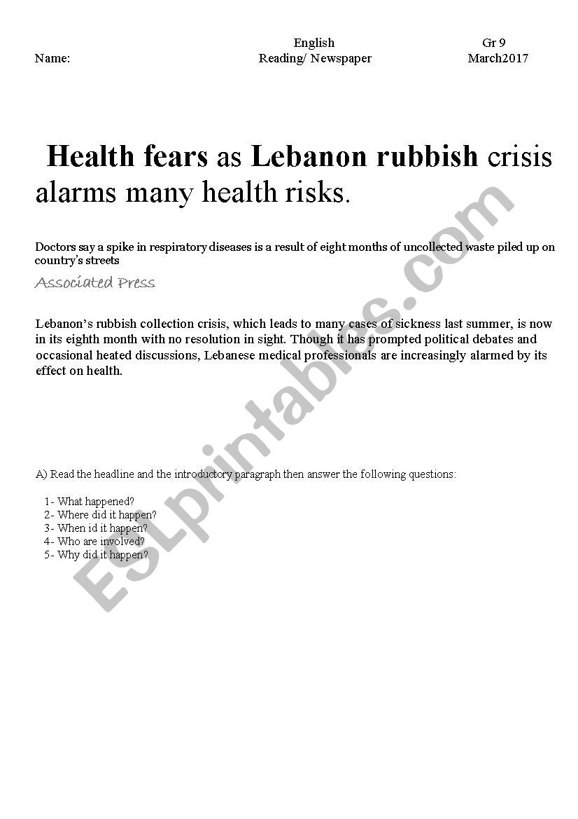 Lebanon Rubbish Crisis worksheet