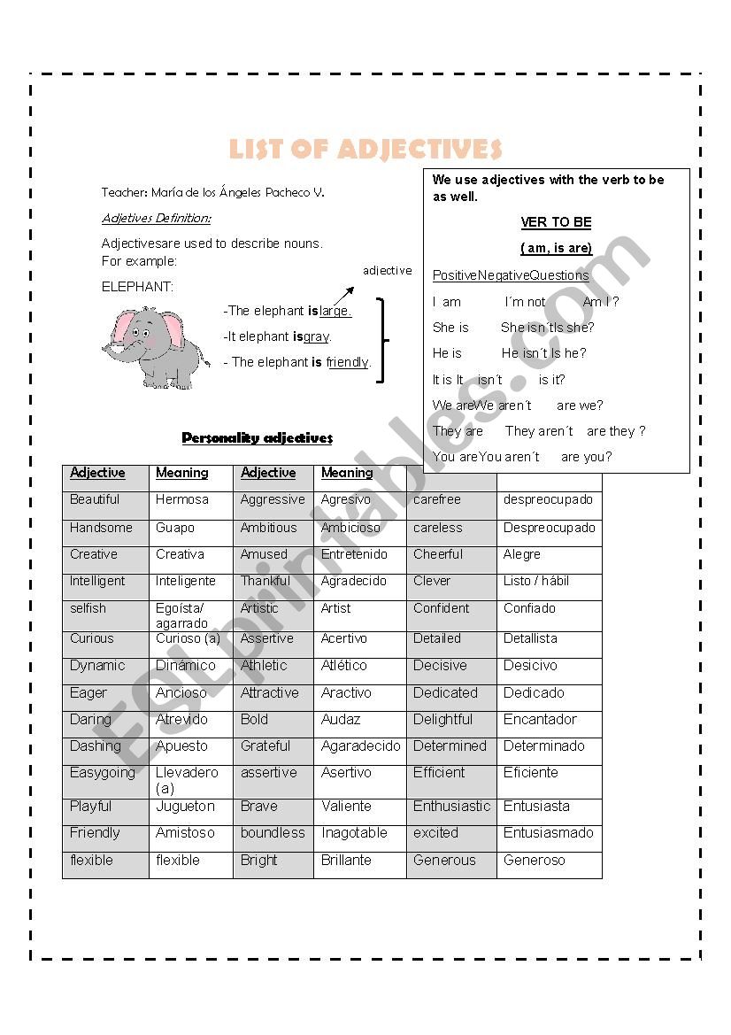 LIST OF ADJECTIVES  worksheet