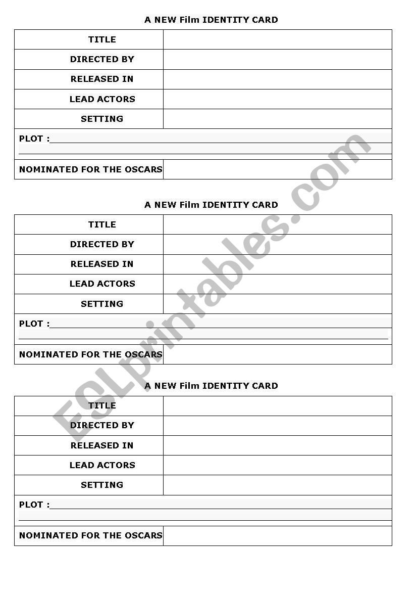 Film identity card worksheet