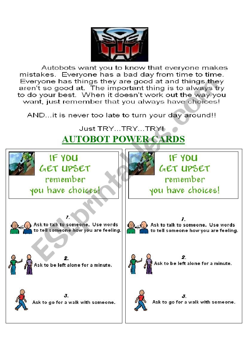 Transformers Social Story Anger And How To Control Includes Anger Cards Esl Worksheet By Keanpat