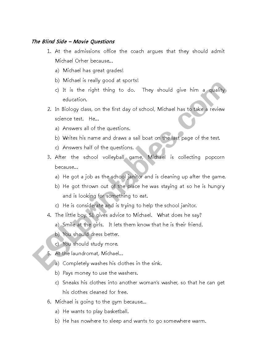 The Blind Side Worksheet worksheet