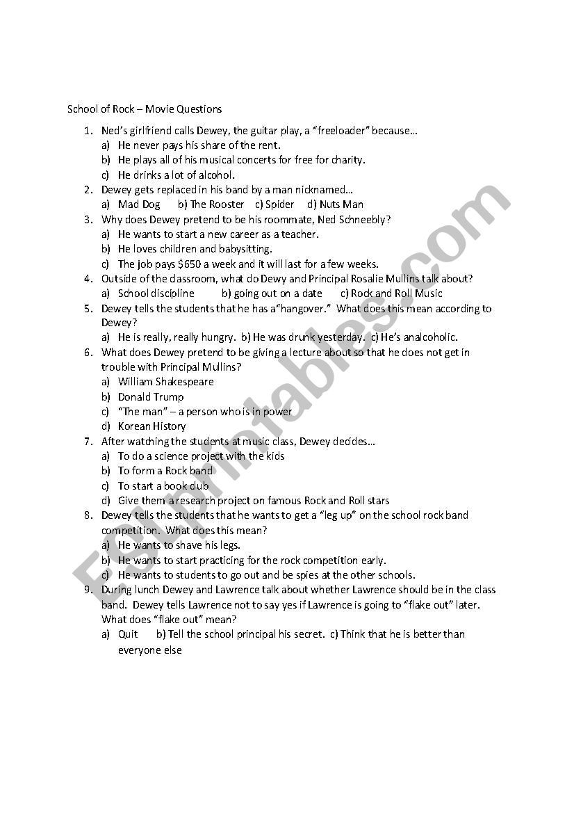 School of Rock Worksheet worksheet