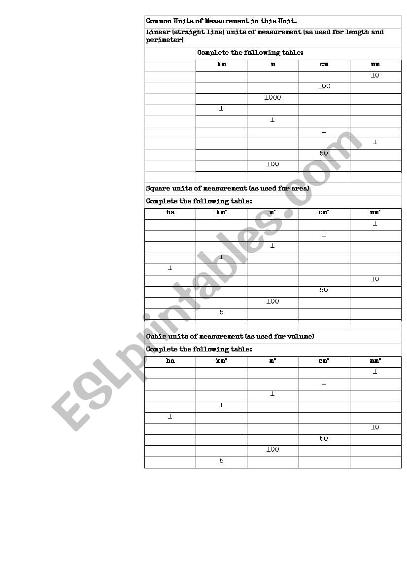 Units of Measurement worksheet