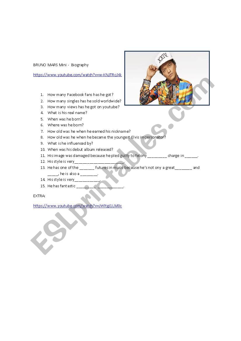 Bruno Mars. MiNI bIOgraphy video and worksheet.