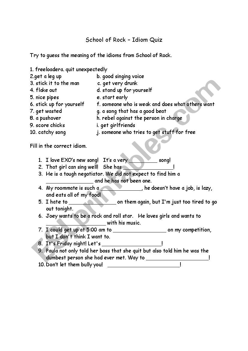 School of Rock Idiom Quiz worksheet