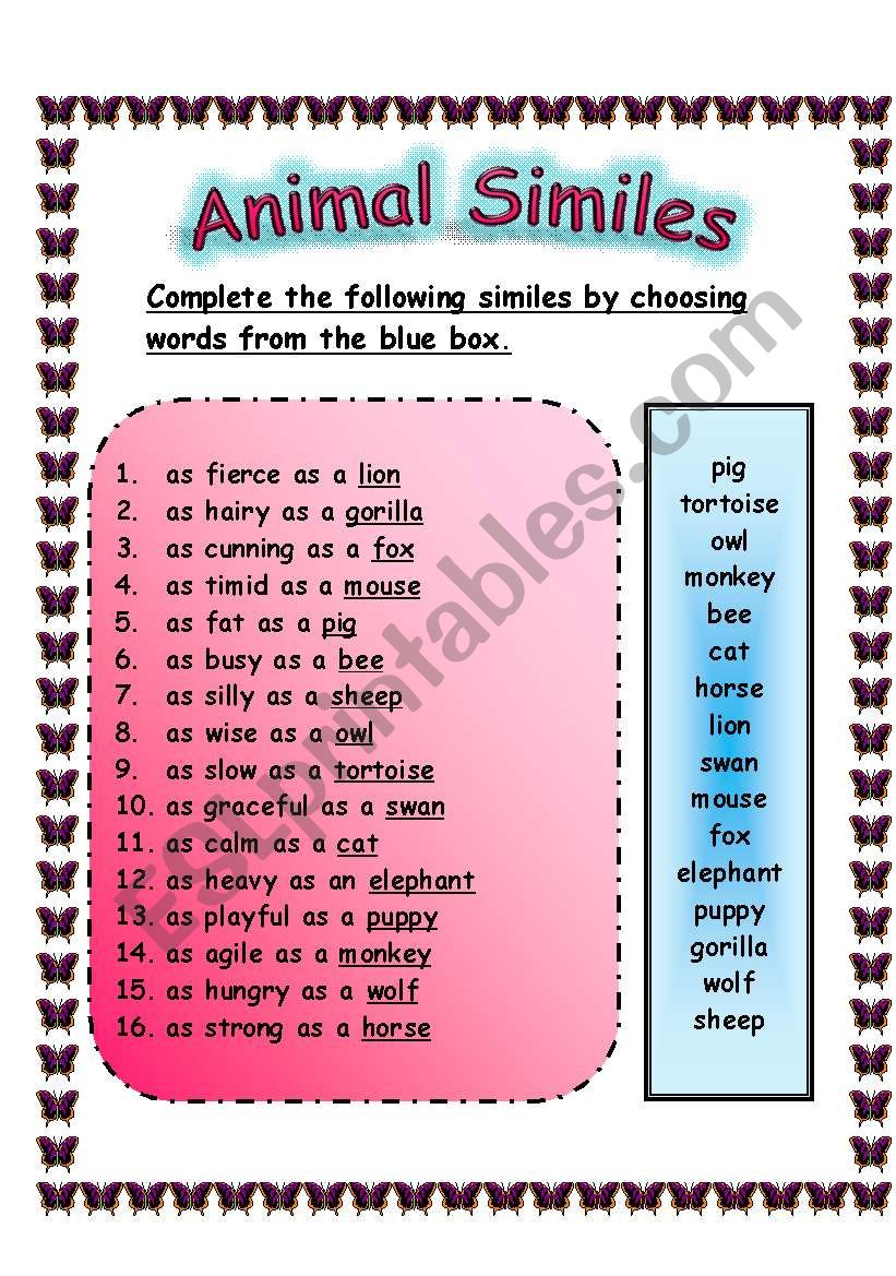 ANIMAL SIMILES - ANSWER SHEET () - ESL worksheet by teacher2009
