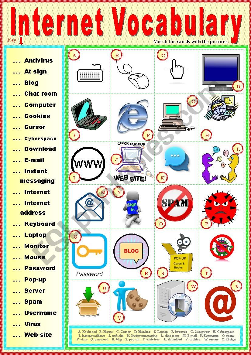 Internet Vocabulary. Matching exercise + KEY.