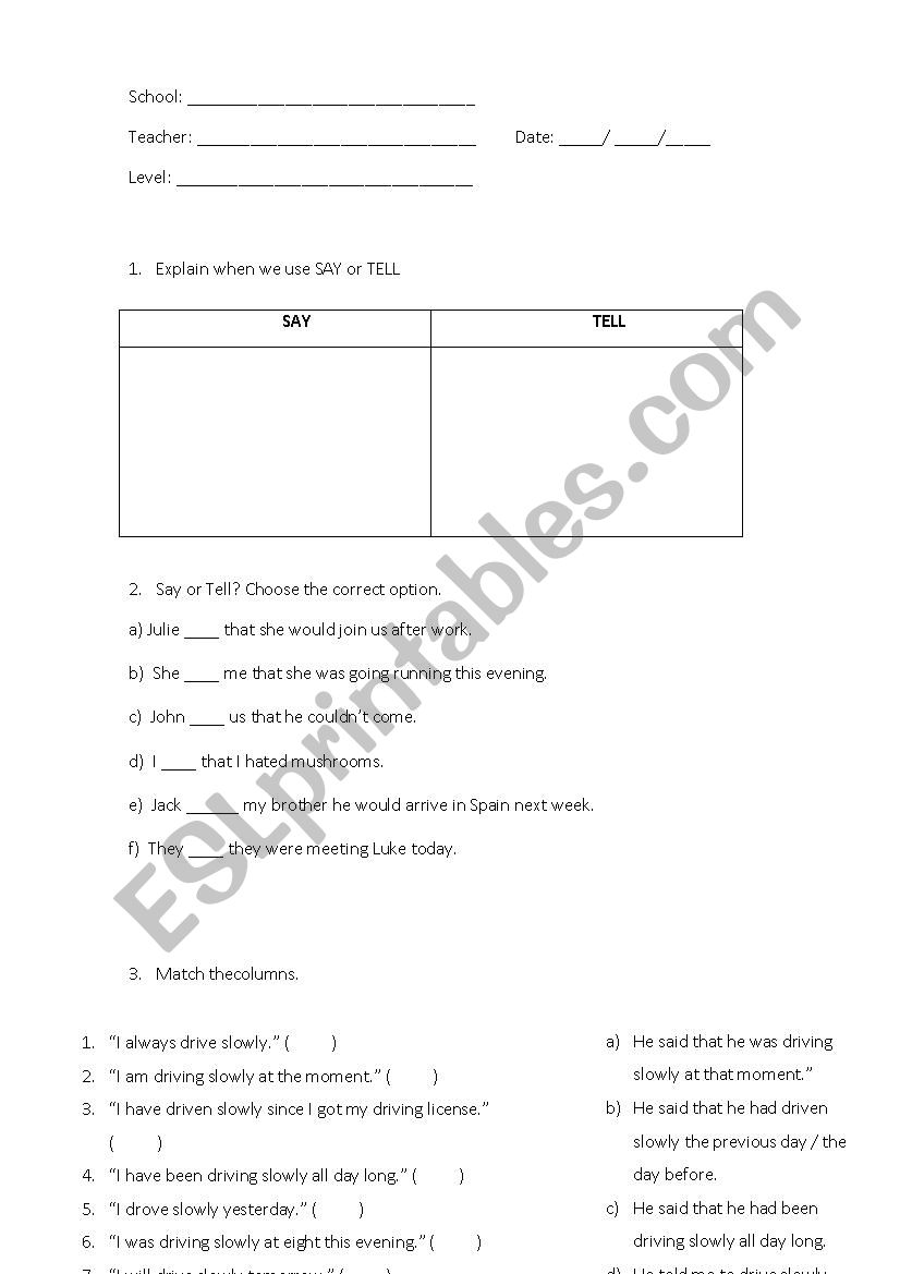 Reported Speech  worksheet