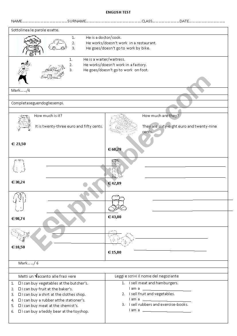 English test worksheet