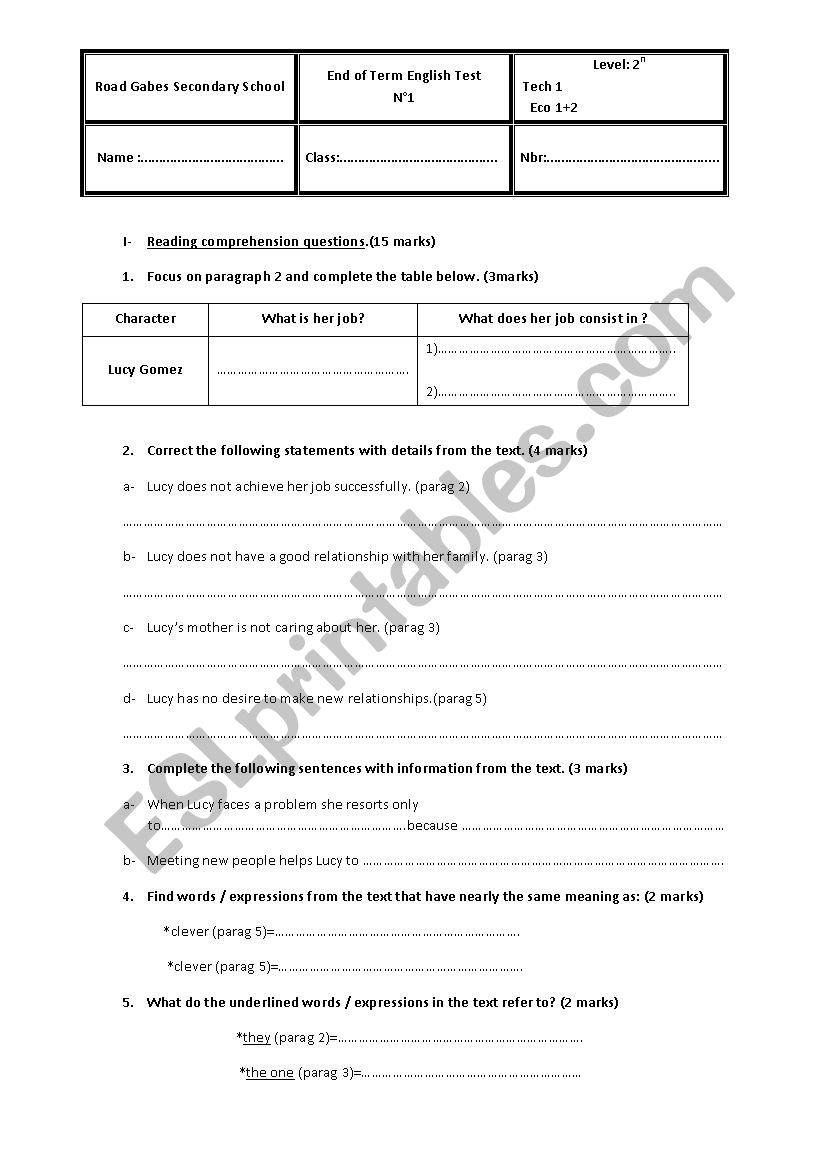 End of Term english Test worksheet