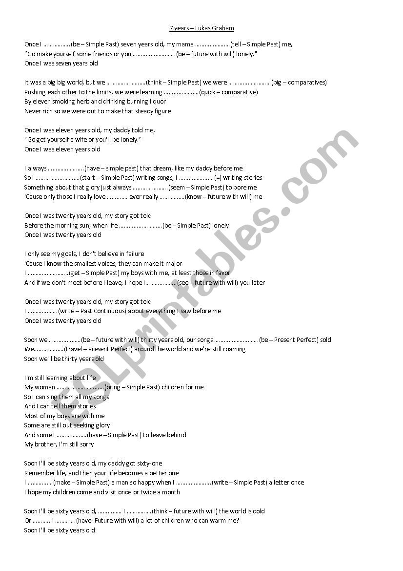 7 years Lukas Graham worksheet